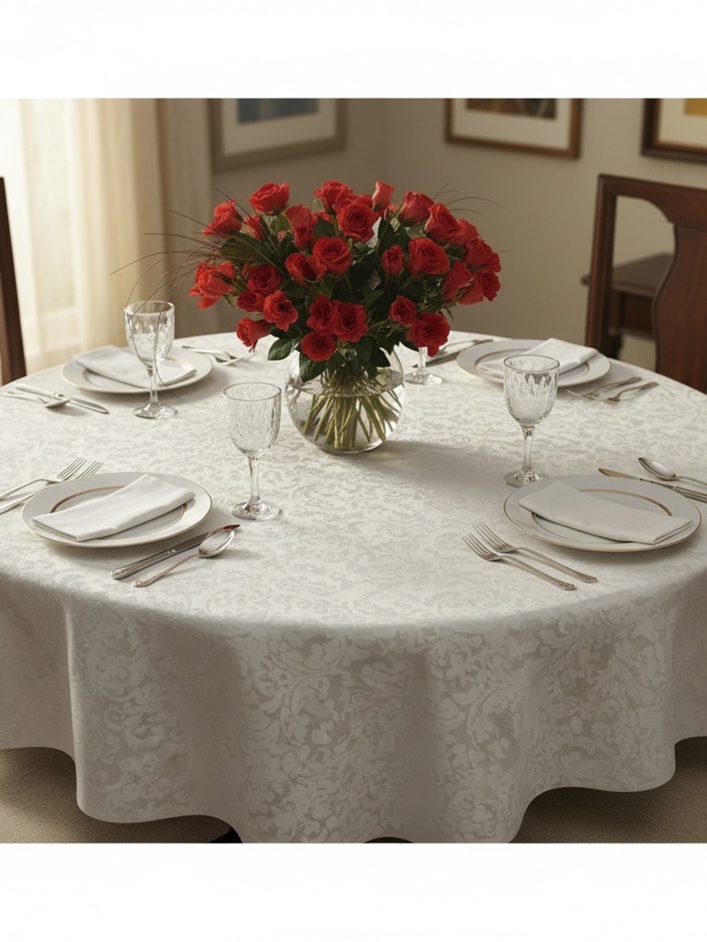 Home Dining White Damask Round Tablecloth - Classic Dining Linen